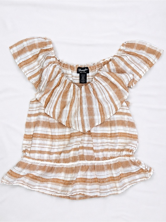 Wrangler Retro Tops - Wrangler Retro Off Shoulder Blouse Women’s Large Tan White Striped Cotton linen